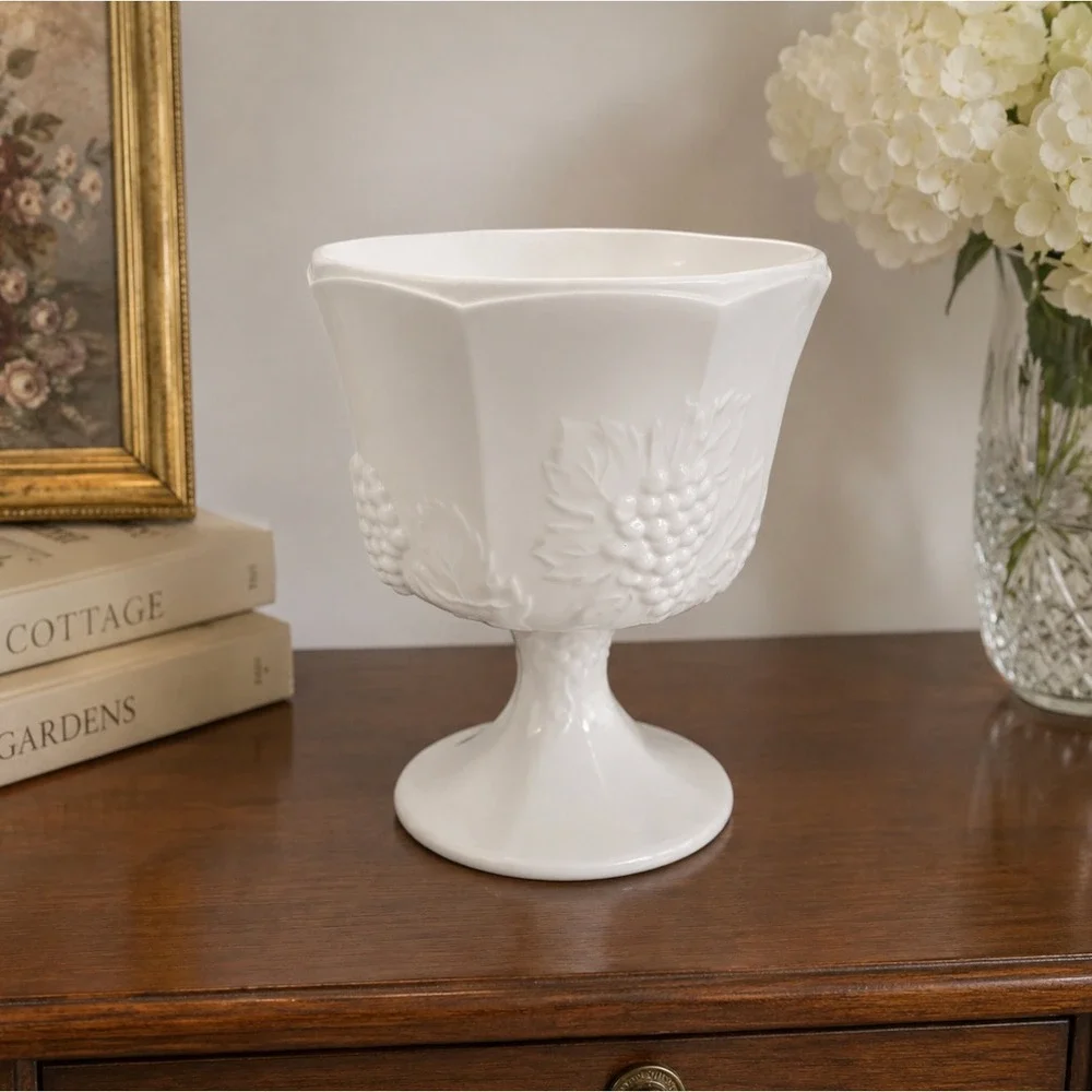 Vintage White Milk Glass Grape Harvest Pedestal Compote Bowl Cottagecore Decor